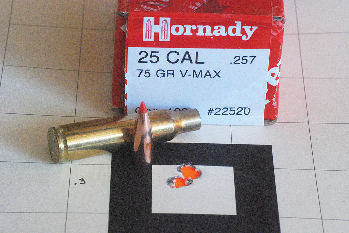 The heavy-barreled 250-3000 produced this .3-inch, five-shot group at 100 yards with H-380 behind Hornady 75-grain V-MAX bullets.